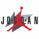 Logotipo icônico da marca Jordan, apresentando a silhueta de um jogador de basquete em ação, segurando uma bola, com as letras "JORDAN" estilizadas em destaque.