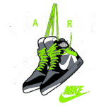 Tênis Nike Air Jordan com cadarços verdes, pendurados em um fundo gráfico que destaca a marca Jordan e o logo da Nike. Ideal para amantes de streetwear e cultura sneaker.