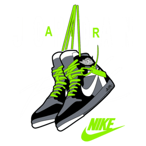 Tênis Nike Air Jordan com cadarços verdes, pendurados em um fundo gráfico que destaca a marca Jordan e o logo da Nike. Ideal para amantes de streetwear e cultura sneaker.
