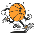 Ilustração de uma bola de basquete laranja com pernas e braços, correndo usando um tênis Nike Air Force 1. A bola apresenta a inscrição "AF-1" e está situada sobre um fundo verde. O logotipo da Nike também está presente na parte inferior da imagem.