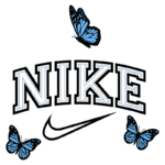 Design estilizado do logo da Nike, com a palavra "NIKE" em letras grandes e detalhes em azul claro, acompanhada por borboletas azuis.