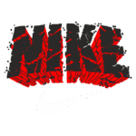 Logotipo da Nike em estilo grafite, com a palavra "NIKE" em letras grandes e quebradas, apresentando um fundo preto e detalhes em vermelho, acompanhado do famoso símbolo Swoosh da Nike em branco.