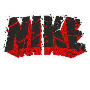 Logotipo da Nike em estilo grafite, com a palavra "NIKE" em letras grandes e quebradas, apresentando um fundo preto e detalhes em vermelho, acompanhado do famoso símbolo Swoosh da Nike em branco.