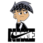 Ilustração de um personagem estilizado com cabelo cinza, usando roupas com a marca Nike, em destaque. O logo da Nike aparece em fundo preto, criando uma composição moderna e urbana.