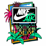 Arte colorida e vibrante com o logo da Nike "Air", destacando o modelo Nike Air Max 90, complementada por palmeiras e elementos tropicais em um fundo estilizado.