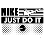 Logotipo da Nike com a frase "Just Do It", apresentando o famoso swoosh da marca. Design moderno em preto e branco com detalhes em pontos. Ideal para promover a marca e seu lema inspirador no setor esportivo.