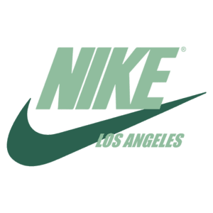 Logotipo da Nike em verde claro com o texto "LOS ANGELES" em destaque, representando a marca de roupas e calçados esportivos.
