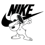 Imagem de um cachorro estilizado fazendo um gesto divertido, com o logotipo da Nike em segundo plano. A arte combina elementos de cultura pop e moda esportiva, destacando a marca Nike de maneira criativa.