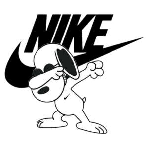 Imagem de um cachorro estilizado fazendo um gesto divertido, com o logotipo da Nike em segundo plano. A arte combina elementos de cultura pop e moda esportiva, destacando a marca Nike de maneira criativa.