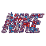 Ilustração colorida do logotipo da Nike formado por personagens e elementos esportivos, incluindo equipamentos de várias modalidades.