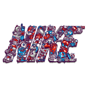 Ilustração colorida do logotipo da Nike formado por personagens e elementos esportivos, incluindo equipamentos de várias modalidades.