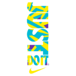 Texto em cores vibrantes formando a frase "JUST DO IT" com o logo da Nike, perfeito para representação de motivação e estilo esportivo.