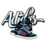 Tênis Adidas com design clássico, apresentando cores preta, azul e detalhes em vermelho, ao lado do logotipo estilizado da marca.