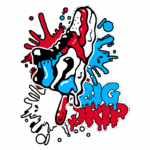 Ilustração artística de um tênis com design vibrante, apresentando cores vermelho, azul e branco, cercado por respingos de tinta. Texto "BIG DRIP" em estilo grafite na parte inferior. Ideal para conteúdo sobre moda urbana ou cultura sneaker.