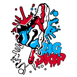 Ilustração artística de um tênis com design vibrante, apresentando cores vermelho, azul e branco, cercado por respingos de tinta. Texto "BIG DRIP" em estilo grafite na parte inferior. Ideal para conteúdo sobre moda urbana ou cultura sneaker.
