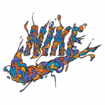 Logotipo estilizado da Nike com grafismos vibrantes em tons de laranja, azul e roxo, ideal para projetos artísticos ou moda urbana.