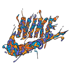 Logotipo estilizado da Nike com grafismos vibrantes em tons de laranja, azul e roxo, ideal para projetos artísticos ou moda urbana.