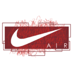 Logotipo da Nike Air em fundo vermelho com elementos gráficos em vermelhas sobrepostas, destacando a famosa marca de calçados esportivos.