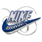 Imagem de um tênis Nike estilizado, com um design em azul e detalhes em branco, exibindo o logotipo "NIKE" em destaque ao fundo. Os cadarços brancos se entrelaçam na parte frontal do tênis, que também apresenta a inscrição "AIR" em um dos lados. A composição é moderna e dinâmica, refletindo a essência da marca.