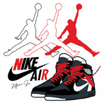 Imagem estilizada das icônicas sneakers Nike Air, com a silhueta de um jogador de basquete em várias posições de salto. O design inclui o logotipo da Nike em destaque e a assinatura de Michael Jordan, representando a fusão entre esportes e moda urbana.