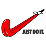 Logo estilizado semelhante ao símbolo da Nike, com uma linha vermelha que se assemelha a uma língua, acompanhado da frase "JUST DO IT." em letras grandes e negrito na cor preta.