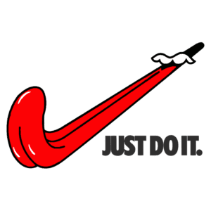 Logo estilizado semelhante ao símbolo da Nike, com uma linha vermelha que se assemelha a uma língua, acompanhado da frase "JUST DO IT." em letras grandes e negrito na cor preta.