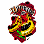 Tênis Nike Air Uptowns em design vibrante, com detalhes em amarelo e vermelho, rodeado por elementos gráficos dinâmicos. Ideal para amantes de streetwear e cultura urbana.