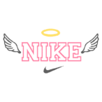 Logotipo criativo da Nike com asas e um halo, representando um design moderno e inspirador.
