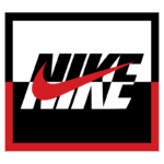 Logotipo da Nike com texto em letras grandes em branco e preto, adornado com o famoso símbolo Swoosh em vermelho, sobre um fundo retangular preto e vermelho. Ideal para identificar a marca no contexto de moda esportiva e estilo de vida ativo.