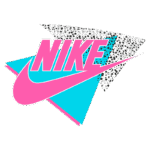Logo da Nike em estilo vintage, com cores vibrantes em rosa e azul, destacando o famoso "swoosh" e o nome "NIKE" em uma tipografia ousada. Ideal para uso em artigos sobre moda esportiva ou história de marcas.