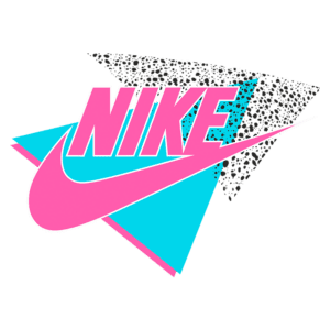 Logo da Nike em estilo vintage, com cores vibrantes em rosa e azul, destacando o famoso "swoosh" e o nome "NIKE" em uma tipografia ousada. Ideal para uso em artigos sobre moda esportiva ou história de marcas.