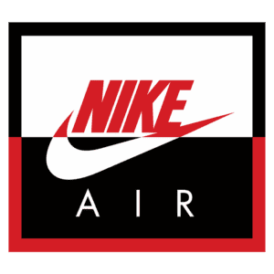 Logotipo da Nike com o slogan "Air", apresentando as cores vermelho, preto e branco, simbolizando a marca reconhecida globalmente no segmento de roupas e calçados esportivos.