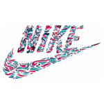 Logo da Nike com design colorido em formas fluidas, apresentando as letras "NIKE" em destaque e o símbolo característico da marca. Ideal para representar estilo e inovação em moda esportiva.