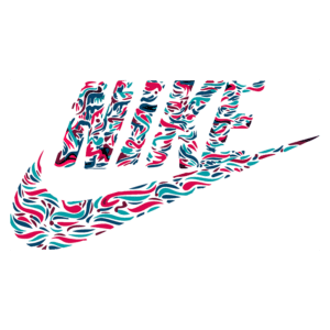 Logo da Nike com design colorido em formas fluidas, apresentando as letras "NIKE" em destaque e o símbolo característico da marca. Ideal para representar estilo e inovação em moda esportiva.