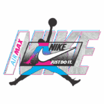 Logo da Nike com o slogan "Just Do It" e a imagem estilizada do símbolo Air Max, representando o icônico salto e movimento de basquete. Ideal para fãs de moda esportiva e cultura urbana.