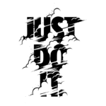 Texto artístico com as palavras "Just Do It" envolvendo nuvens e efeitos de movimento, representando motivação e superação. Ideal para temas de esporte e determinação.