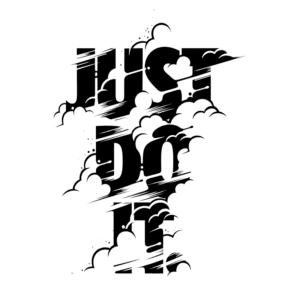 Texto artístico com as palavras "Just Do It" envolvendo nuvens e efeitos de movimento, representando motivação e superação. Ideal para temas de esporte e determinação.