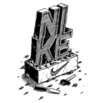 Ilustração artística do logotipo da Nike esculpido em uma base de mármore, com ferramentas de trabalho ao lado, destacando o conceito de criação e design.