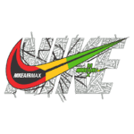 Logotipo da Nike Air Max com um design vibrante, apresentando uma combinação de cores verde, amarelo e vermelho, e um padrão gráfico estilizado ao fundo, destacando a marca Nike.