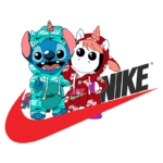 Ilustração de Stitch e uma unicórnio em roupas da Nike, com o logotipo da marca em destaque.