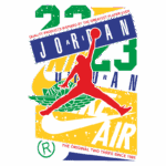 Logo estilizado da Nike com a imagem do famoso jumpman, representando a linha Air Jordan, com elementos gráficos vibrantes e a inscrição "Jordan 23".
