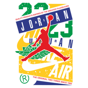 Logo estilizado da Nike com a imagem do famoso jumpman, representando a linha Air Jordan, com elementos gráficos vibrantes e a inscrição "Jordan 23".