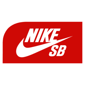 Logotipo da Nike SB em fundo vermelho, destacando a marca de skate da Nike com o famoso swoosh em branco.