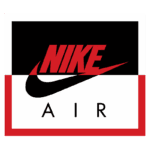 Logotipo da Nike, destacando o nome "NIKE" em letras vermelhas sobre um fundo preto, com o ícone do swoosh em destaque e a palavra "AIR" em letras pretas na parte inferior.