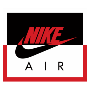 Logotipo da Nike, destacando o nome "NIKE" em letras vermelhas sobre um fundo preto, com o ícone do swoosh em destaque e a palavra "AIR" em letras pretas na parte inferior.