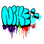 Imagem de grafite colorido com a palavra "NIKE" em letra estilizada. O fundo apresenta respingos de tinta em várias cores, incluindo azul, roxo, verde e vermelho, destacando um estilo urbano e moderno. Ideal para represente a marca em contextos criativos e de cultura streetwear.
