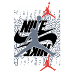 Imagem com o logotipo da marca Jordan da Nike, apresentando um jogador de basquete em ação e o texto "JORDAN" em letras grandes e estilizadas. O fundo possui um padrão gráfico que remete ao universo do basquete.