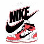 Imagem ilustrativa de um tênis Nike com design estilizado em vermelho e preto, acompanhado do famoso slogan "Just Do It" e logotipos da marca.