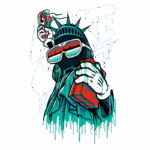 Imagem estilizada da Estátua da Liberdade usando óculos escuros e segurando um tênis Nike e uma caixa vermelha, com um fundo gráfico vibrante e a palavra "MAKE" em destaque. Ideal para temas de cultura urbana e moda streetwear.