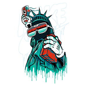 Imagem estilizada da Estátua da Liberdade usando óculos escuros e segurando um tênis Nike e uma caixa vermelha, com um fundo gráfico vibrante e a palavra "MAKE" em destaque. Ideal para temas de cultura urbana e moda streetwear.